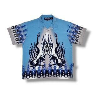 Vintage Silver Point Dragon‎ Blue Black Button Up Shirt Single Stitch Men's M